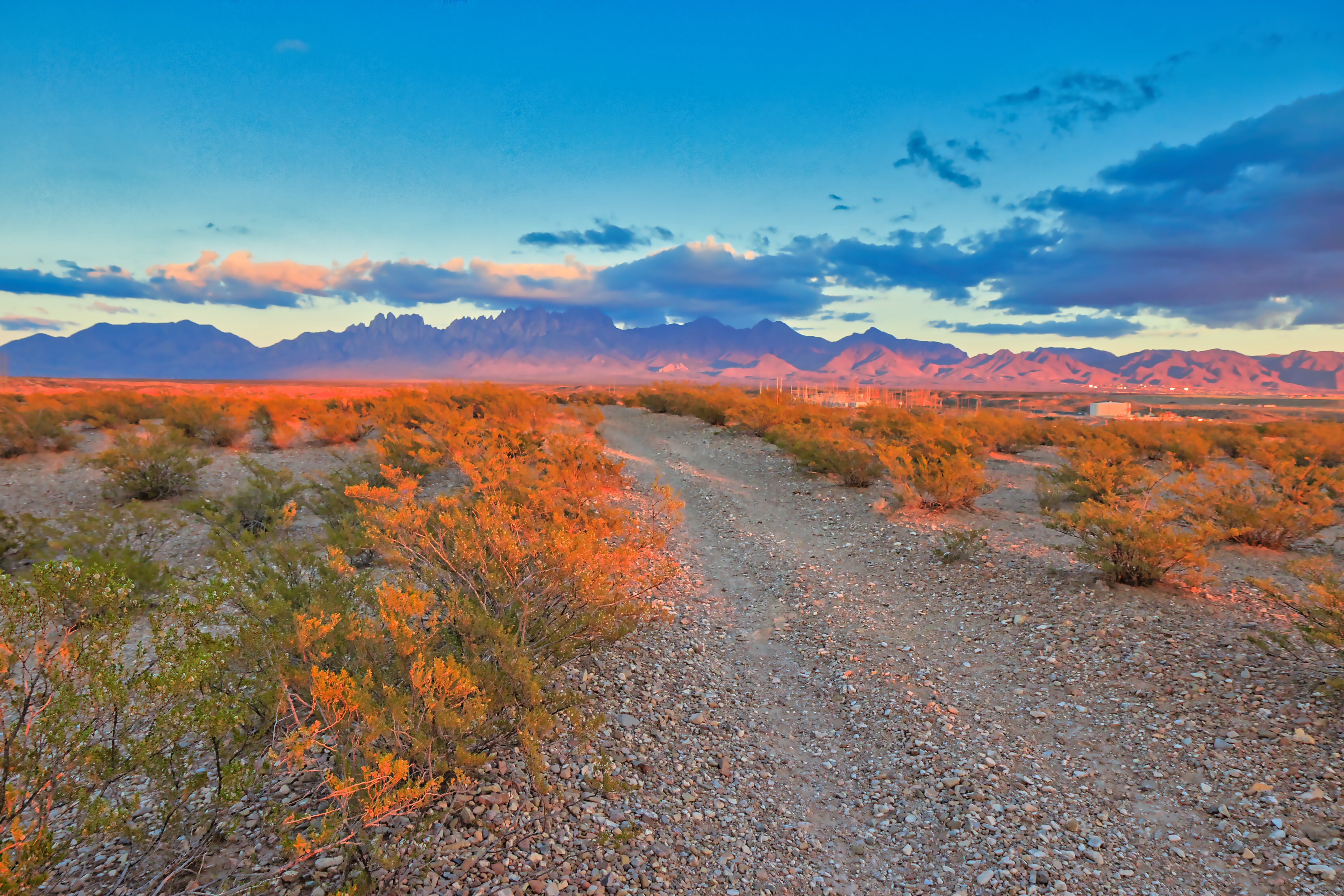 A dirt road in the desert with mountains in the background.