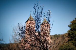 Two stone towers of a church or castle partially obscured by a leafless tree, set against a clear blue sky.