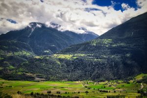 A scenic view of green valleys and scattered houses with forested mountains in the background under a cloudy sky.