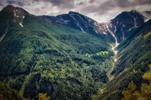 Dense green forest covers mountains with patches of snow near the peaks under a cloudy sky. A narrow valley runs between the slopes.